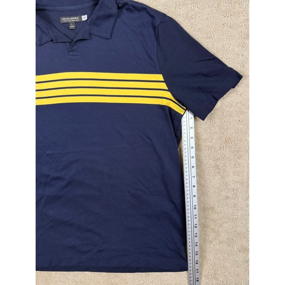 Mens Banana Republic Polo Golf Shirt Striped Navy Yellow Short Sleeve Sz L #1348